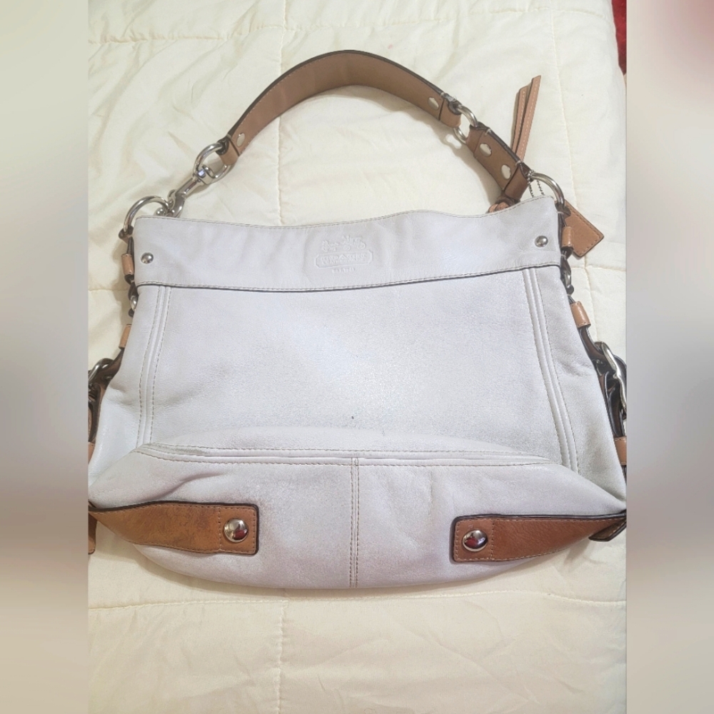 Coach Cream White Pebble Leather Bag with Camel Strap and Gold Hardware